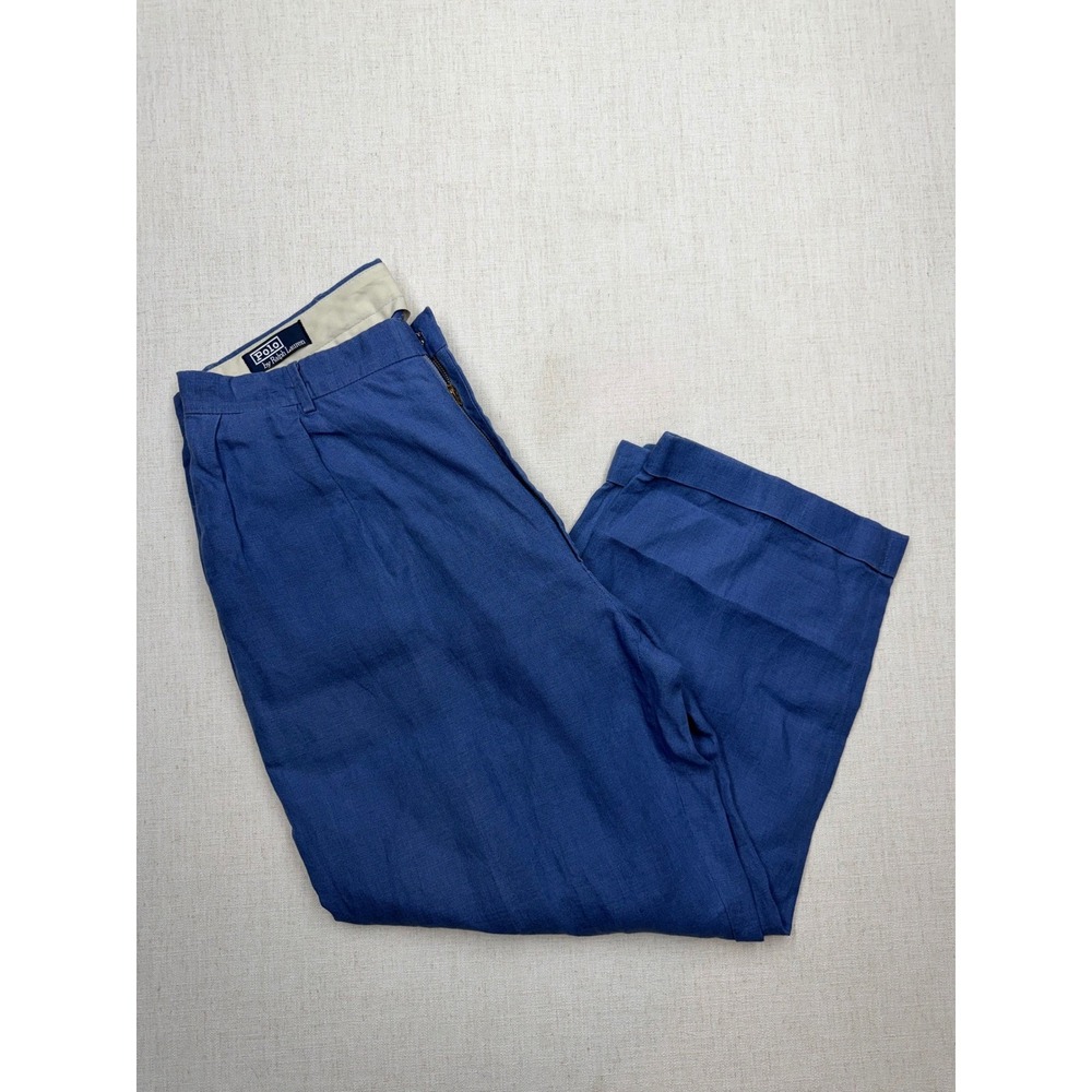 VTG 90s Polo Ralph Lauren Mens 38x30 Blue 100% Linen Pleated Cuffed Pants